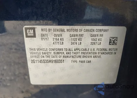 2017 Chevrolet Impala 2Lz z USA, uszkodzony, nr VIN 2G1145S35H9160351